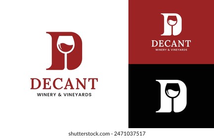 Letter Initial D Wine Glass Logo Design Template. Suitable for Bar Restaurant Cafe Winery Vineyard Pub Club Business Brand Company Logo Design.