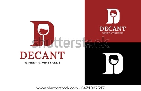 Letter Initial D Wine Glass Logo Design Template. Suitable for Bar Restaurant Cafe Winery Vineyard Pub Club Business Brand Company Logo Design.