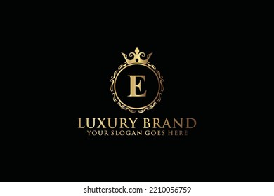 letter Initial E elegant luxury monogram logo or badge template with scrolls and royal crown, perfect for luxurious branding projects
