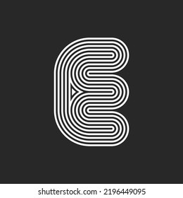Letter initial E logo minimal monogram smooth waves shape, many parallel black and white thin lines pattern.