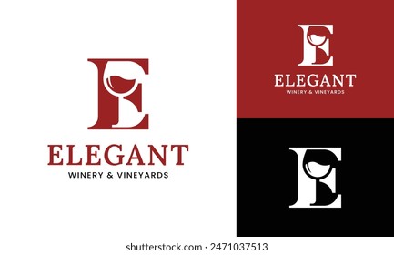 Letter Initial E Wine Glass Logo Design Template. Suitable for Bar Restaurant Cafe Winery Vineyard Pub Club Business Brand Company Logo Design.