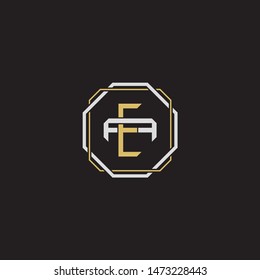 Letter initial EA E A AE monogram logo classic style with emblem hexagon line isolated on black background and gold silver colors combination