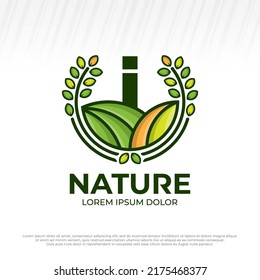 Letter Initial I Eco Green Farm Circle Logo Vector Vintage Icon, Flat Farm Logo, Natural Green Badge