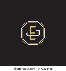 Letter initial EJ E J JE monogram logo classic style with emblem hexagon line isolated on black background and gold silver colors combination