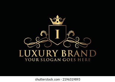 letter Initial I elegant luxury monogram logo or badge template with scrolls and royal crown, perfect for luxurious branding projects
