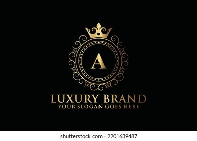 letter Initial A elegant luxury monogram logo or badge template with scrolls and royal crown, perfect for luxurious branding projects

