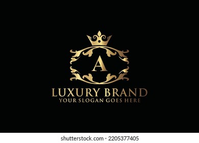 Buchstabe Initial Eine elegante, luxuriöse Monogramm-Logo oder Badge-Vorlage mit Rollen und königlicher Krone, ideal für luxuriöse Branding-Projekte
