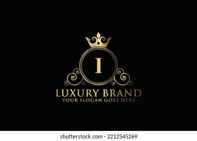 letter Initial I elegant luxury monogram logo or badge template with scrolls and royal crown, perfect for luxurious branding projects
