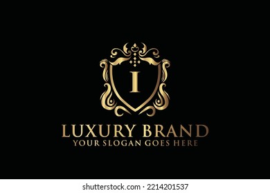 letter Initial I elegant luxury monogram logo or badge template with scrolls and royal crown, perfect for luxurious branding projects
