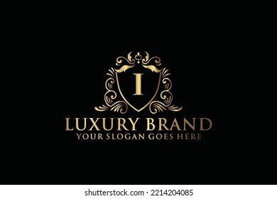 letter Initial I elegant luxury monogram logo or badge template with scrolls and royal crown, perfect for luxurious branding projects
