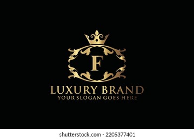 letter Initial F elegant luxury monogram logo or badge template with scrolls and royal crown, perfect for luxurious branding projects
