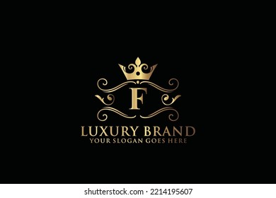 letter Initial F elegant luxury monogram logo or badge template with scrolls and royal crown, perfect for luxurious branding projects
