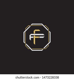 Letter initial FF F monogram logo classic style with emblem hexagon line isolated on black background and gold silver colors combination