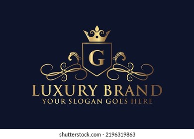 letter Initial G elegant luxury monogram logo or badge template with scrolls and royal crown, perfect for luxurious branding projects
