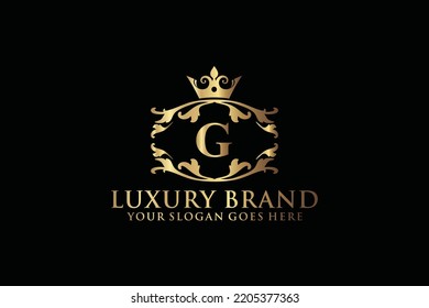 carta Marca inicial G elegante logotipo de lujoso monograma o plantilla de insignia con rollos y corona real, perfecto para proyectos de marca de lujo
