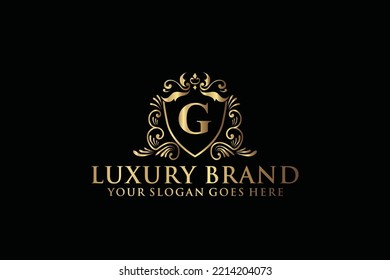 letter Initial G elegant luxury monogram logo or badge template with scrolls and royal crown, perfect for luxurious branding projects
