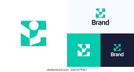 Letter initial G with people sign in negative space geometric square logo icon design vector, Happy human community symbol inside isolated on white background for brand identity and business company