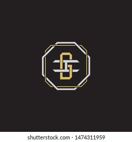 Letter initial GI,G,I,IG monogram logo classic style with emblem hexagon line isolated on black background and gold silver colors combination