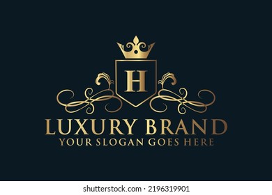 letter Initial H elegant luxury monogram logo or badge template with scrolls and royal crown, perfect for luxurious branding projects
