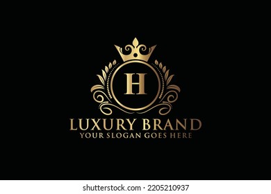 letter Initial H elegant luxury monogram logo or badge template with scrolls and royal crown, perfect for luxurious branding projects
