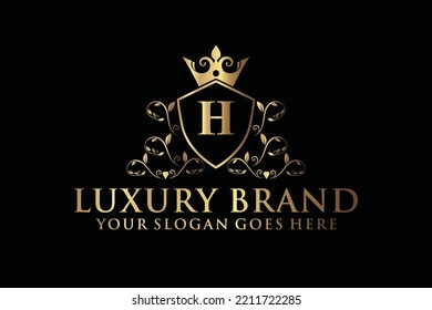 carta Marca inicial H elegante logotipo de lujoso monograma o plantilla de insignia con rollos y corona real, perfecto para proyectos de marca de lujo
