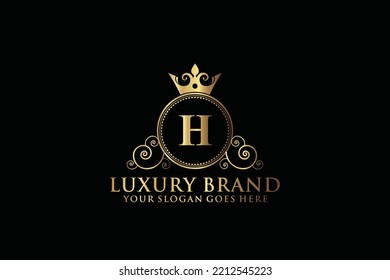 Buchstabe Initial H elegantes Monogramm-Logo oder Badge-Vorlage mit Rollen und königlicher Krone, perfekt für luxuriöse Branding-Projekte
