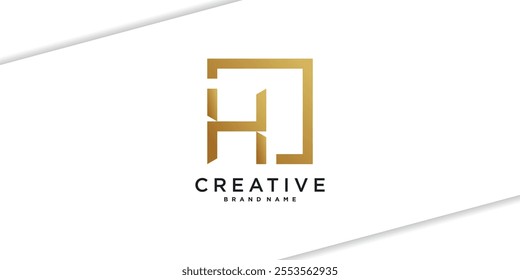 Letter initial H logo design with golden square concept. Premium Vector