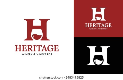 Letter Initial H Wine Glass Logo Design Template. Suitable for Bar Restaurant Cafe Winery Vineyard Pub Club Business Brand Company Logo Design.