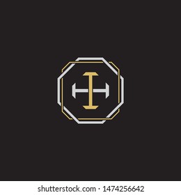 Letter initial IH H I HImonogram logo classic style with emblem hexagon line isolated on black background and gold silver colors combination