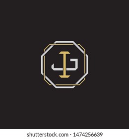 Letter initial IJ I J JI monogram logo classic style with emblem hexagon line isolated on black background and gold silver colors combination