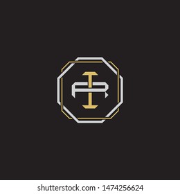 Letter initial IR I R RI monogram logo classic style with emblem hexagon line isolated on black background and gold silver colors combination