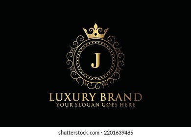 letter Initial J elegant luxury monogram logo or badge template with scrolls and royal crown, perfect for luxurious branding projects
