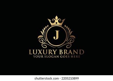 carta Inicial J elegante logo de lujoso monograma o plantilla de insignia con rollos y corona real, perfecto para proyectos de marca de lujo
