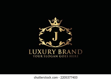 letter Initial J elegant luxury monogram logo or badge template with scrolls and royal crown, perfect for luxurious branding projects

