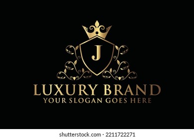 letter Initial J elegant luxury monogram logo or badge template with scrolls and royal crown, perfect for luxurious branding projects
