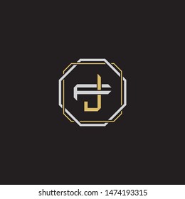 Letter initial JF J F FJ monogram logo classic style with emblem hexagon line isolated on black background and gold silver colors combination