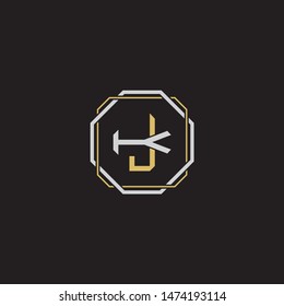 Letter initial JK J K KJ monogram logo classic style with emblem hexagon line isolated on black background and gold silver colors combination