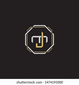 Letter initial JM J M MJ monogram logo classic style with emblem hexagon line isolated on black background and gold silver colors combination