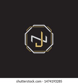 Letter initial JN J N NJ monogram logo classic style with emblem hexagon line isolated on black background and gold silver colors combination