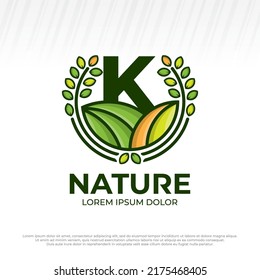 letter initial K eco green farm circle logo vector vintage icon, flat farm logo, natural green badge