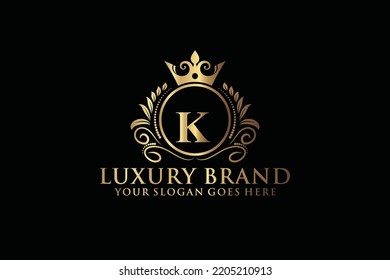 letter Initial K elegant luxury monogram logo or badge template with scrolls and royal crown, perfect for luxurious branding projects
