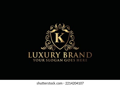 letter Initial K elegant luxury monogram logo or badge template with scrolls and royal crown, perfect for luxurious branding projects
