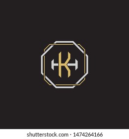 Letter initial KH K H HK monogram logo classic style with emblem hexagon line isolated on black background and gold silver colors combination