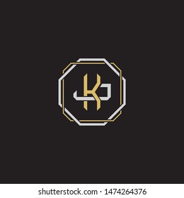 Letter initial KJ J K JK monogram logo classic style with emblem hexagon line isolated on black background and gold silver colors combination