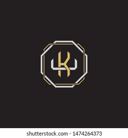 Letter initial KU K U UK monogram logo classic style with emblem hexagon line isolated on black background and gold silver colors combination
