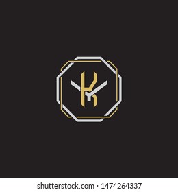 Letter initial KY Y K YK monogram logo classic style with emblem hexagon line isolated on black background and gold silver colors combination