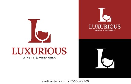 Letter Initial L Wine Glass Logo Design Template. Suitable for Bar Restaurant Cafe Winery Vineyard Pub Club Business Brand Company Logo Design.