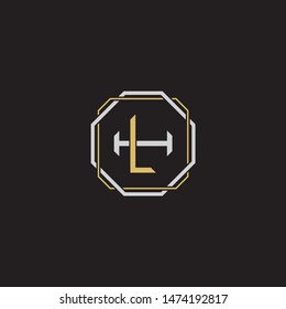 Letter initial LH L H HL monogram logo classic style with emblem hexagon line isolated on black background and gold silver colors combination