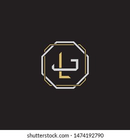 Letter initial LJ L J JL monogram logo classic style with emblem hexagon line isolated on black background and gold silver colors combination