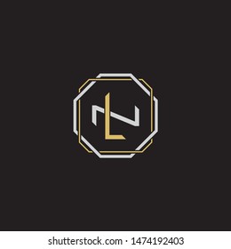 Letter initial LN L N NL monogram logo classic style with emblem hexagon line isolated on black background and gold silver colors combination
